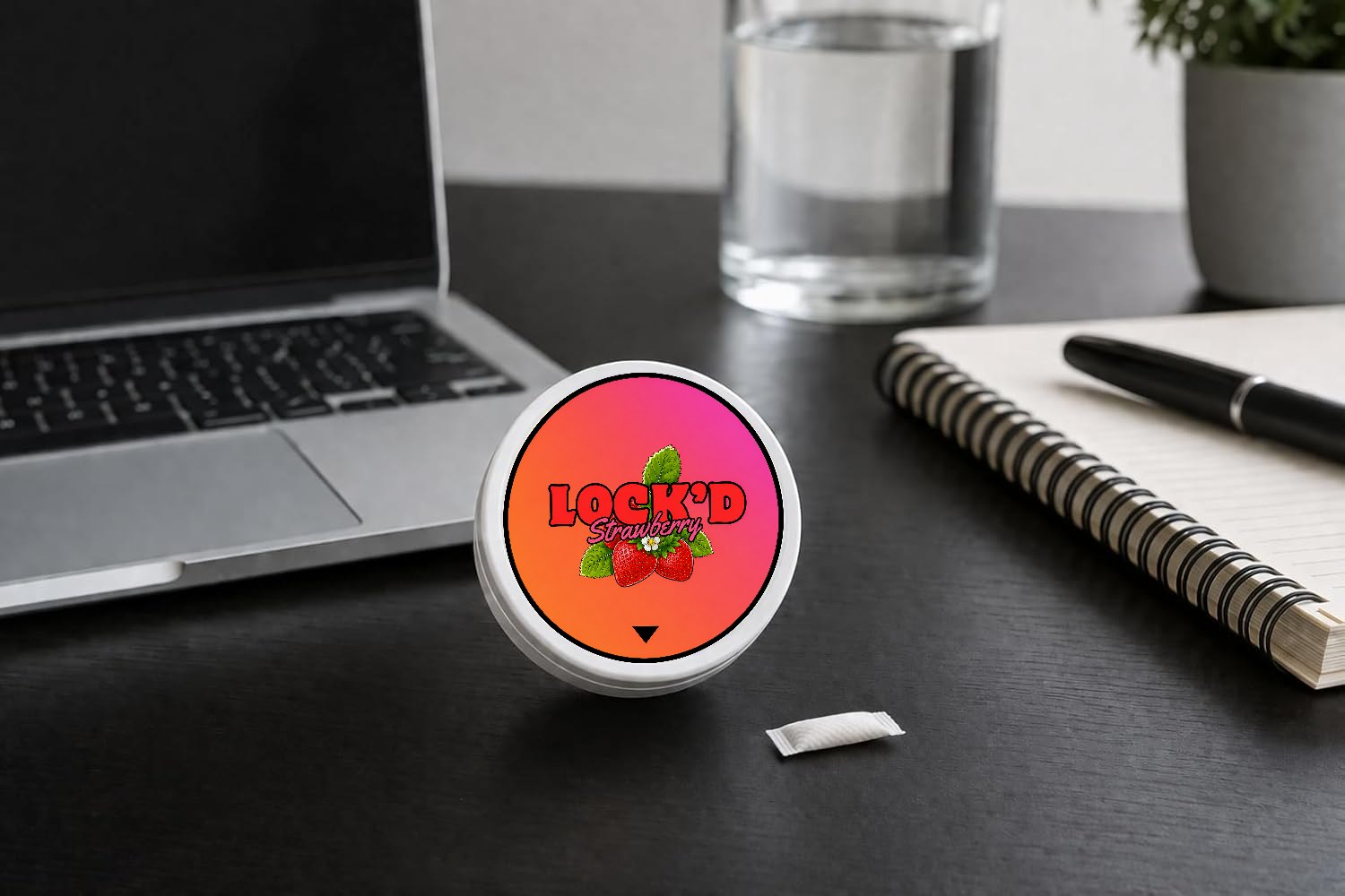LOCK'D Strawberry caffeine pouch tin on a dark desk beside a laptop, with one pouch out of the tin